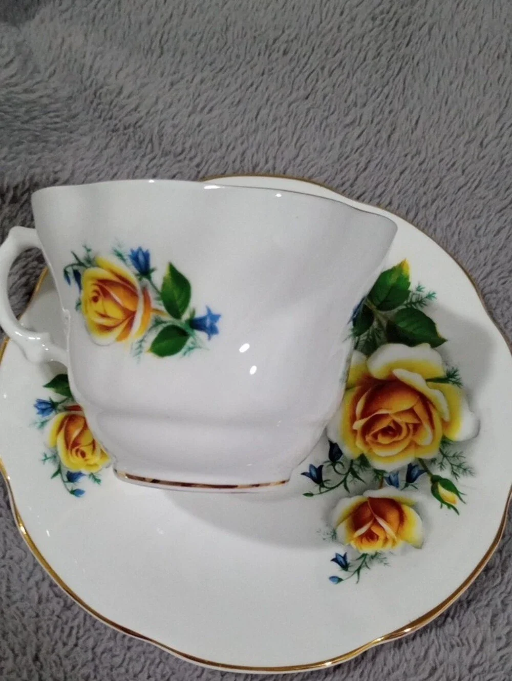 Antique Made In England Teacup Duo with Yellow Rose Floral Design and Gold Trim